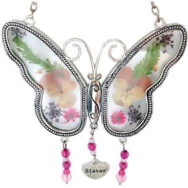 Imagem de Cirkouh Apanhador de Sol Borboleta Irm com Flor Real e Asas de Metal Prateadas - Presente para Irm