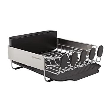 Imagem de KitchenAid Escorredor de louças compacto, resistente à ferrugem, com suporte removível de talheres e tábua de drenagem angular, 41 cm, preto