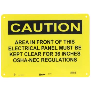 Imagem de Master Lock S5051 35,5 cm de largura x 25,4 cm de altura Polipropileno, placa de segurança preta sobre amarelo, cabeçalho "Cuidado", lenda "Área na frente deste painel elétrico deve ser mantida transparente para os regulamentos OSHA-NEC de 91,4 cm