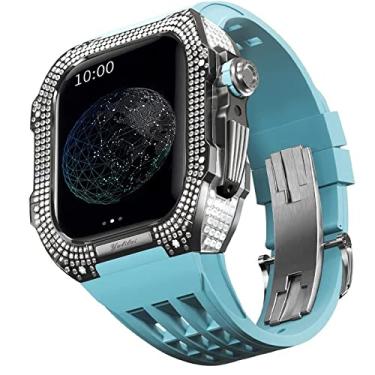 Imagem de TONECY Capa de titânio nobre e pulseira de borracha, compatível com Apple Watch 45MM, bisel de liga de titânio e pulseira de fluororubber para série IWatch 8 7 45mm kit de conversão