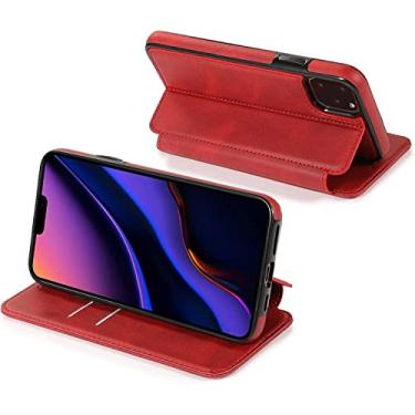 Imagem de HOUCY Capa para iPhone 13/13 Mini/13 Pro/13 Pro Max, capa protetora flip de couro PU premium com fecho magnético, função de suporte e slots para cartões (cor: vermelho, tamanho: 13pro max 6,7 polegadas)