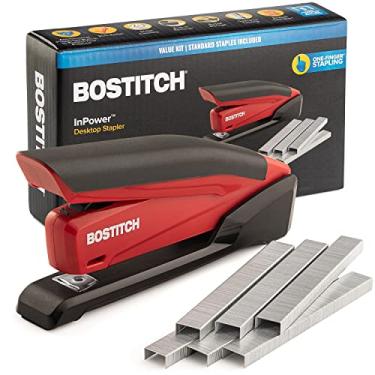 Imagem de Grampeador Bostitch com grampos Grampeador vermelho InPower Grampeador alimentado por mola com 1260 grampos Removedor de grampos integrado Compartimento de armazenamento de grampos Grampeadores resistentes de um toque para mesa