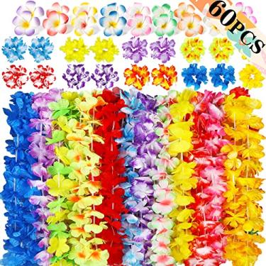 Imagem de Hawaiian Luau Leis Party Decorations Supplies - Tropical Tiki Flowers Necklaces Bracelets Bulk Summer Pool Decor Favors Ornaments