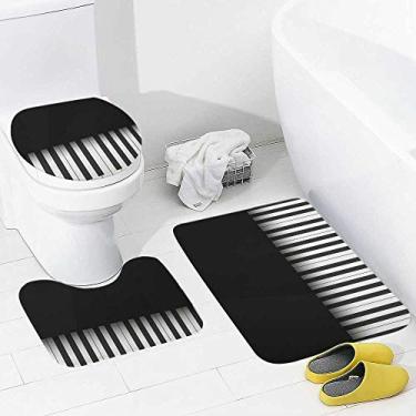 Imagem de Conjunto de tapetes de banheiro e 3 peças de chave de piano preto e branco, tapete de banheiro de espuma viscoelástica, lavável, antiderrapante, tapete de contorno e tampa para banheiro