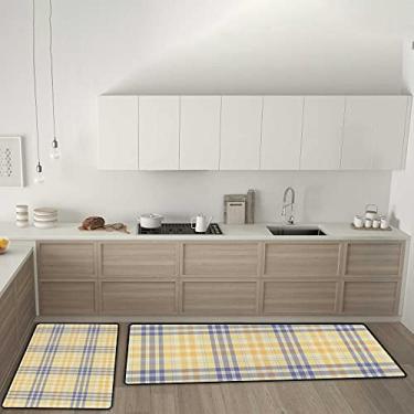 Imagem de Tapetes de cozinha padrão xadrez amarelo azul antiderrapante conjunto de 2 tapetes de cozinha, tapete confortável antifadiga para sala de jantar, lavanderia, escritório