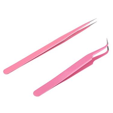 Imagem de Queenser 2Pcs / Set Rosa de aço inoxidável rectilínea/prego Curvo Pinças Pinças Ferramentas Cílio Extensão pinças clipe de bico fino Makeup Tools