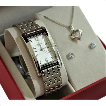 Imagem de Relogio Champion Retangular Medio Prateado Cn26608q + Kit Semi Joia