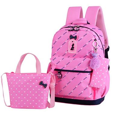 Imagem de Vidoscla Conjunto de 3 peças de mochilas com estampa de coração com laço para escola primária, mochila de viagem, mochila de ombro para meninas, Impressões de corações do amor, Pink B, Medium