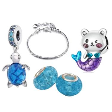 Imagem de Pulseira Fundo do Mar Banhada a prata com 4 berloques - Modelo Pulseira Pandora para berloque de prata 925 (17cm, Urso Sereia Azul)