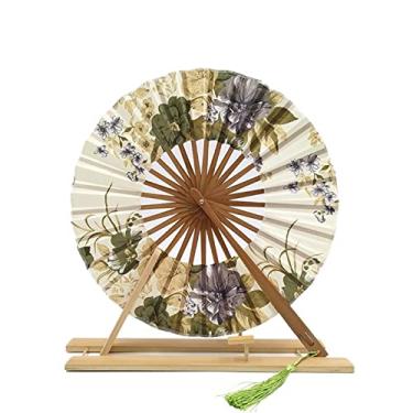 Imagem de Leque dobrável japonês Sakura flor bolso ventilador de mão dobrável círculo redondo decoração de festa presente moinho de vento ventilador dobrável de bambu acessórios decorativos feitos à mão (cor: 09)