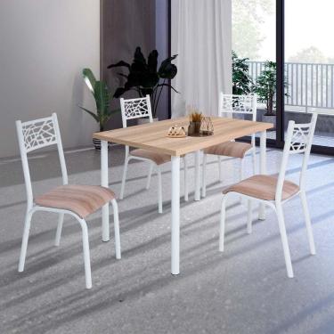 Imagem de Conjunto De Mesa Sala De Jantar Com 4 Cadeiras Em Aço Branco Carvalho Com Estofado Capuccino Tizo Shop Jm