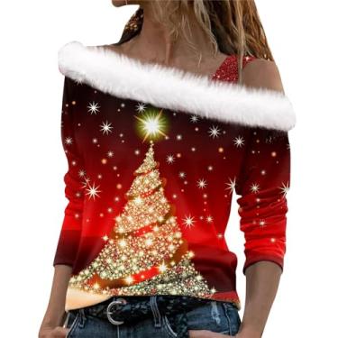 Imagem de Elogoog Moletom feminino engraçado de Papai Noel floco de neve fora do ombro vintage manga longa Y2K gola V, Dourado, 4G