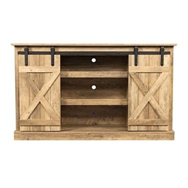 Imagem de WAOCEO Suporte de TV flutuante moderno suporte de TV de fazenda para TVs de até 65 polegadas, mesa de console de centro de entretenimento de mídia com portas de celeiro deslizantes para sala de estar