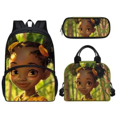 Imagem de Qznuberone Conjunto de mochila escolar para meninas africanas, leve, infantil, mochila escolar, mochila casual para meninas 4-5/6-8, lancheira térmica reutilizável, bolsa de lápis de grande capacidade
