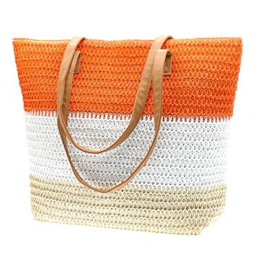 Imagem de CIOOU Bolsa feminina grande de palha de tecido de vime, bolsa de praia listrada colorida de verão, bolsa de ombro, Sacola natural bege laranja, Large