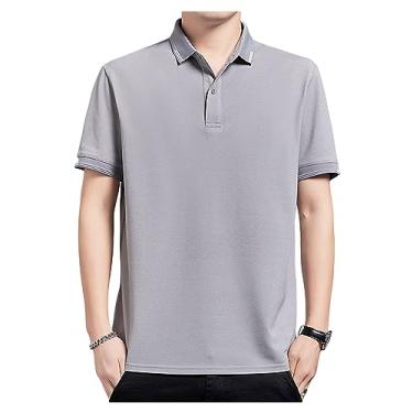 Imagem de Camisa polo masculina de seda gelo de lapela sólida com botão para treino camiseta atlética secagem rápida curta, Cinza-claro, 4G