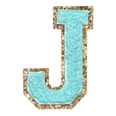 Imagem de 3 Pçs Chenille Letter Patches Ferro em Patches Glitter Varsity Letter Patches Bordado Borda Dourada Costurar em Patches para Vestuário Chapéu Camisa Bolsa (Azul, J)