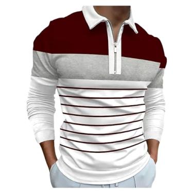 Imagem de Camisa polo masculina estampa digital 3D listrada, gola aberta, zíper frontal pulôver, Marrom, P