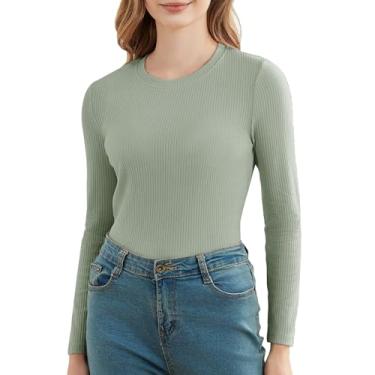 Imagem de SanaRazo Camisetas femininas de algodão de manga comprida justas de malha canelada gola redonda camiseta básica camiseta justa, Cinza e verde, G