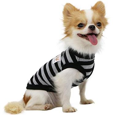 Imagem de Lophipets Camisetas para cães listradas 100% algodão para cães pequenos Chihuahua Puppy roupas regata colete preto e cinza tiras/G