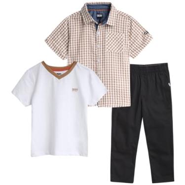 Imagem de DKNY Conjunto de calças para meninos - 3 peças de manga curta com botão, camiseta, calça de sarja com frente plana - conjunto de roupas para meninos (2-7), Caqui, 2T