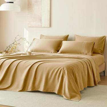 Imagem de JELLYMONI Jogo de lençol Queen dourado - lençóis de cetim 100% algodão 400 fios para cama king size, lençóis macios e refrescantes, 4 peças de cama de luxo de hotel, conjunto de lençóis de cetim de