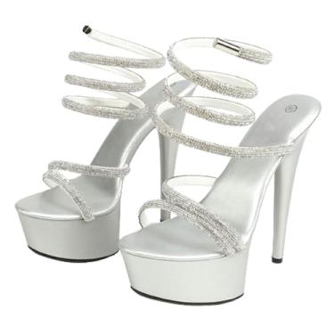 Imagem de Wwhe0514rlq Sandálias femininas de verão com tiras de strass de salto alto com salto fino de 15 cm e salto alto de couro envernizado, Prata, US4.5 EU34