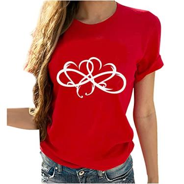Imagem de MaMiDay Camiseta feminina de manga curta para o verão, moderna, gola redonda, estampada, leve, casual, elegante, Vermelho, XXG