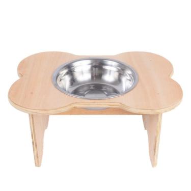 Imagem de Comedouro Pet Elevado Em Madeira Inox Formato Osso Cachorro