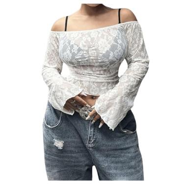 Imagem de Floerns Camiseta feminina plus size com ombros de fora e manga franzida de renda transparente, Branco, XXG Plus Size