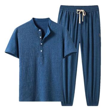 Imagem de GaoLeAve Conjuntos casuais masculinos primavera verão seda gelo respirável manga curta camisetas e calças esportivas masculinas, Azul, PP