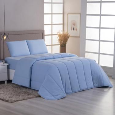 Imagem de Conjunto Edredom Roupa de Cama 100% Malha de Algodão Peruano Malha Penteada 30.1 - Toque Suave Linha Premium (Azul, Casal King)