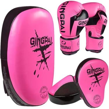Imagem de Luvas de boxe alvo de mão sanda pé conjunto de alvo de couro anti-explosão crianças adulto treinamento saco de boxe conjunto de boxe, rosa, 10oz