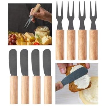 Imagem de Kit 4 Garfinhos + 4 Espátulas inóx com cabos de Bamboo para petiscos