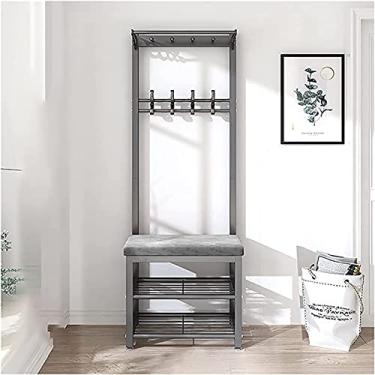 Imagem de Banco de entrada com cabideiro, banco de armazenamento de árvore 3 em 1, cabideiro, banco de sapatos com ganchos, sapateira, almofada de veludo, fácil de montar