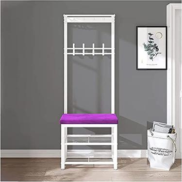 Imagem de Banco de entrada com cabideiro, banco de armazenamento de árvore 3 em 1, cabideiro, banco de sapatos com ganchos, sapateira, almofada de veludo, fácil de montar