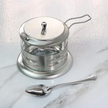 Imagem de Açucareiro de vidro inox tampa colher cozinha gourmet café chá com tampa e colher