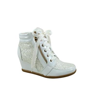 Imagem de Forever Link Tênis feminino moderno com glitter, cano alto com cadarço, Branco-glitter, 41