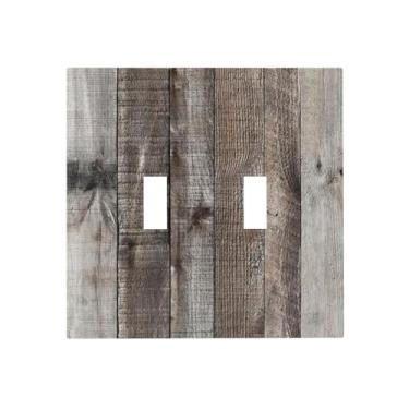 Imagem de Placa decorativa de madeira marrom escuro envelhecida natural rústica com grão de madeira decorativa 2 gangues para decoração de luz vintage celeiro cozinha campestre interruptor elétrico duplo
