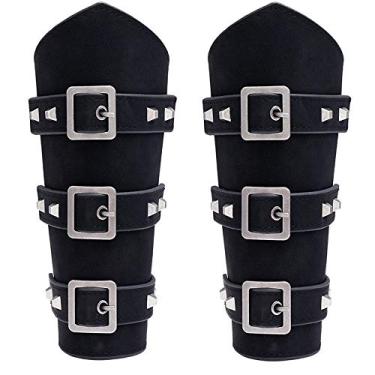 Imagem de AZORA Pulseira de couro, pulseira medieval, fivela ampla, braçadeira de braço, 2 peças, LB020-preto-2 peças, ajustável, para Adulto, Unissexo