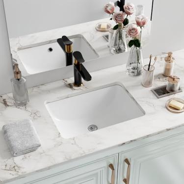 Imagem de Retângulo de pia de banheiro sob montagem, tigela interior Hugsleek tamanho 41 x 28 cm pia de vaso de cerâmica de porcelana branca sob o balcão tamanho externo 45 x 33 cm pia de banheiro retangular