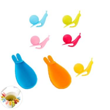Imagem de UtySty Pacote com 7 saquinhos de chá, suporte para cabide, clipe em forma de caracol, bugiganga, marcador de bebida de silicone com orelha de coelho, descanso de colher de mistura, para caneca, copos,