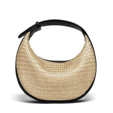 Imagem de Herald Bolsa transversal de palha para mulheres, bolsa Hobo de tecido de praia, bolsa de ombro crescente chique de verão com alça ajustável, Preto