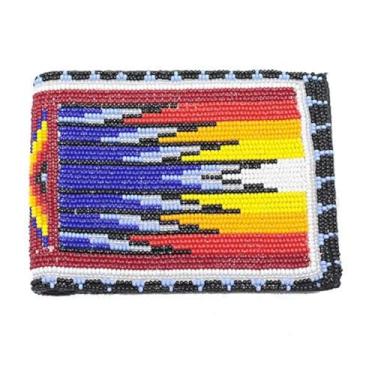 Imagem de Carteira masculina de couro com contas feita à mão, estilo nativo americano, carteira com contas de sementes, adequada para presentear homens e mulheres., Azul-amarelo-vermelho, Carteira com contas