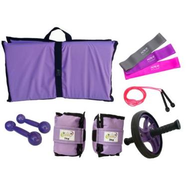Imagem de Kit Tornozeleira 3KG Lilás + Halteres 3KG Lilás + Colchonete Lilás + M