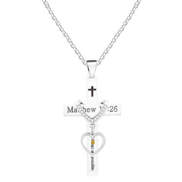 Imagem de Oneress Colar de aço inoxidável com cruz de Mateus 19:26 e versículo bíblico | Fé Cristã Gravada Jesus Religioso Colares | Joias personalizáveis de semente de mostarda YA5187, Medium, Aço inoxidável,