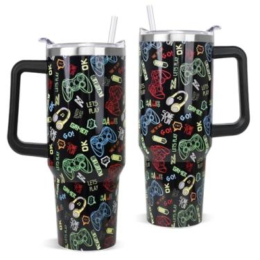 Imagem de Rcvlauf Copo para jogos com alça e canudo, caneca de café para viagem, presentes para gamers, homens, pai, pai, marido, filho, namorado, 1,134 g, equipamento para jogos