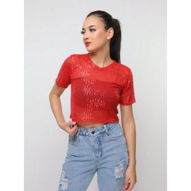 Imagem de A-Lows Blusa Paete Feminina T-shirt Cropped Brilho Manga Curta, Vermel