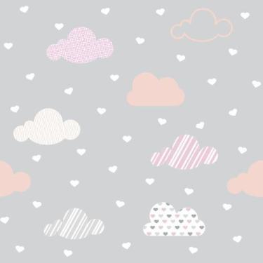 Imagem de Papel De Parede Infantil Nuvens Com Corações 3,00m - Inove Papéis de P