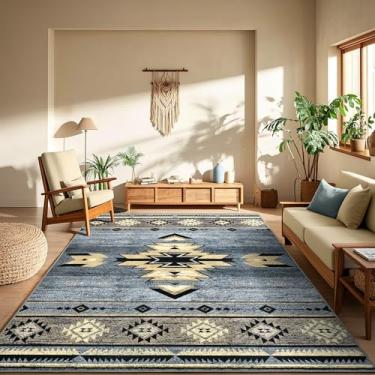 Imagem de B BENRON Tapetes ocidentais para sala de estar, tapete rústico antiderrapante para quarto, mesa de jantar, cozinha, tapetes de área estéticos laváveis para decoração de casa, 1,2 m x 1,8 m, cinza